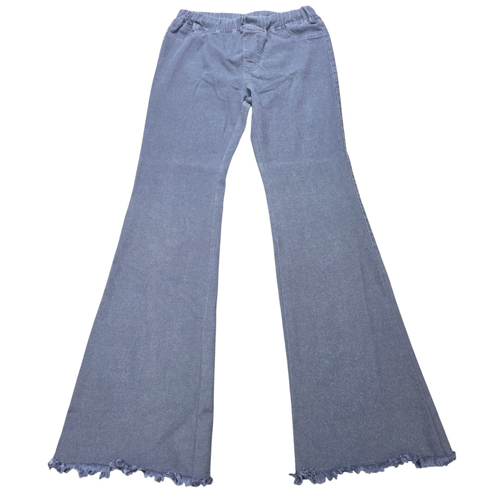 Umgee Flare Bell Bottom Knit Pants Women's Size M Washed Navy Blue Frayed Hem